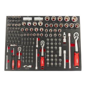 Set nasadnih ključeva od 145 dijelova s račvama u ulošku od karbonske pjene za kolica za alat