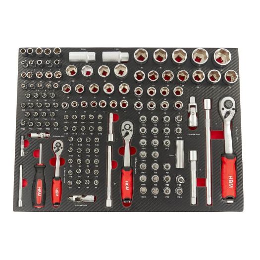 Set nasadnih ključeva od 145 dijelova s račvama u ulošku od karbonske pjene za kolica za alat