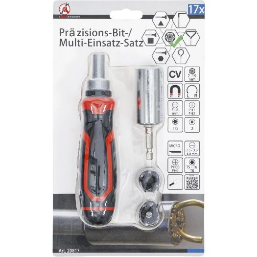 Set preciznih bitova čegrtaljkom i 1/4" nasadnim ključem | 17 kom