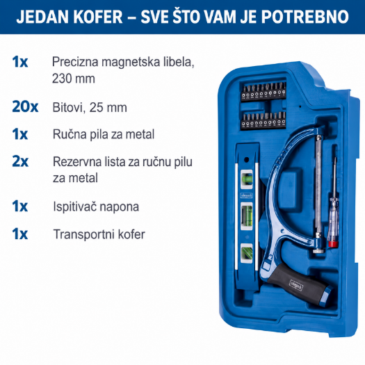 Set ručnog alata s čekićem pilom mjernom trakom i libelom