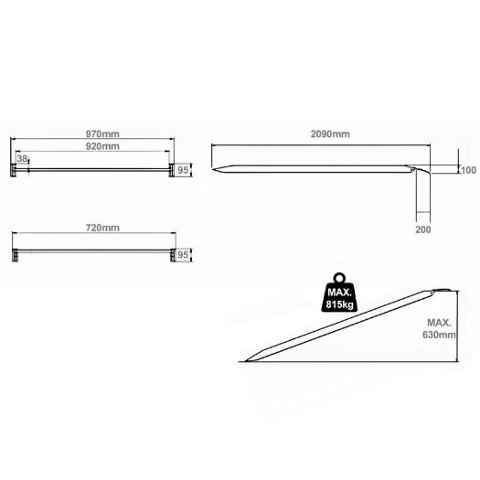 Tehnički crtež široke aluminijske rampe 815 kg, 2090 x 970 mm