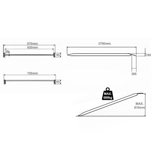 Tehnički crtež široke aluminijske rampe 680 kg, 2700 x 970 mm