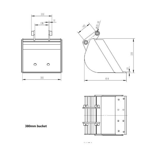Crtež žlice 380 mm za traktorski bager s mjerama