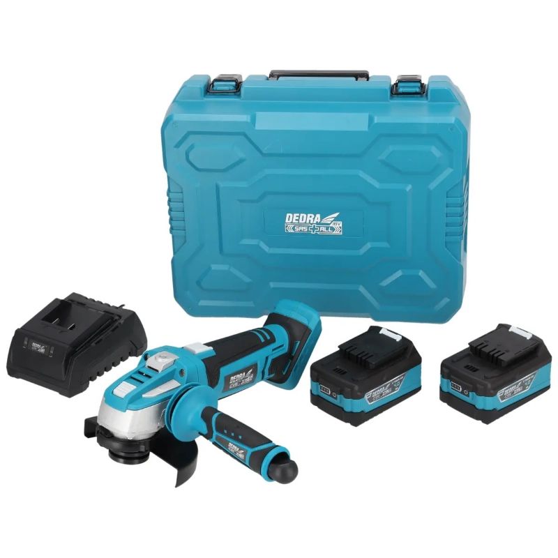 Scatola con smerigliatrice per batterie, 2 batterie e caricabatterie DED7050+DED7034X2+DED7038