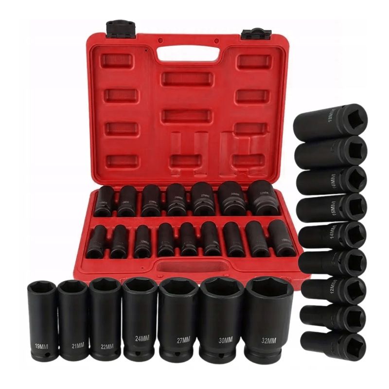 Chiavi a bussola a impatto da 1/2", lunghe, 16 pezzi 10-32 mm