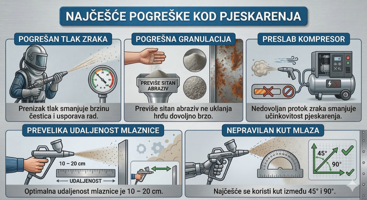 Najčešće pogreške kod pjeskarenja Pogrešan tlak zraka, pogrešna granulacija, preslab kompresor