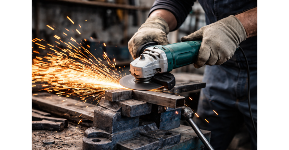 Kutna brusilica u radionici tijekom obrade metala