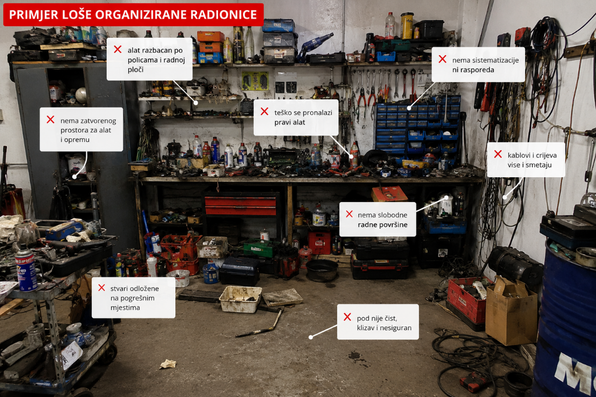 Neorganizirana radionica s alatom i opremom bez definiranih zona