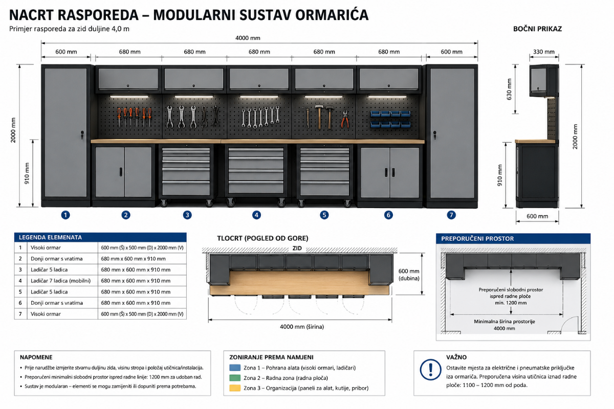 Nacrt rasporeda modularnih ormarića uz zid radionice
