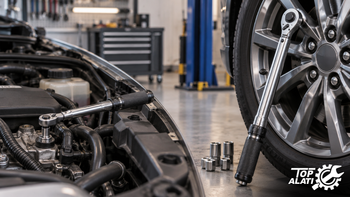 Mali moment ključ 1/4 inča i veliki moment ključ 1/2 inča prikazani uz sitni vijčani spoj i kotač automobila