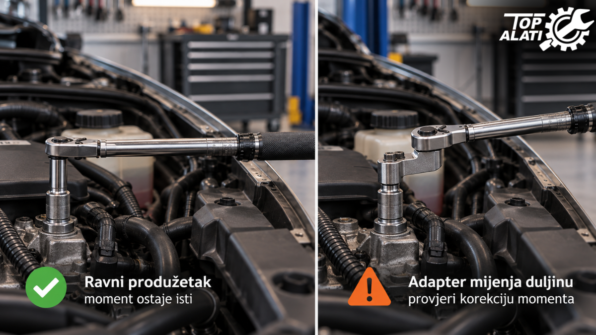 Moment ključ s ravnim produžetkom i pomaknutim adapterom koji može promijeniti efektivnu duljinu ključa i moment zatezanja