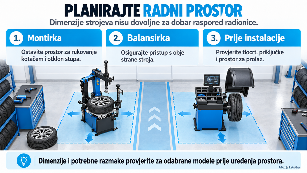 Infografika prikazuje raspored vulkanizerskog radnog mjesta s montirkom i balansirkom te prostor potreban za rukovanje kotačem, pristup strojevima i prolaz.
